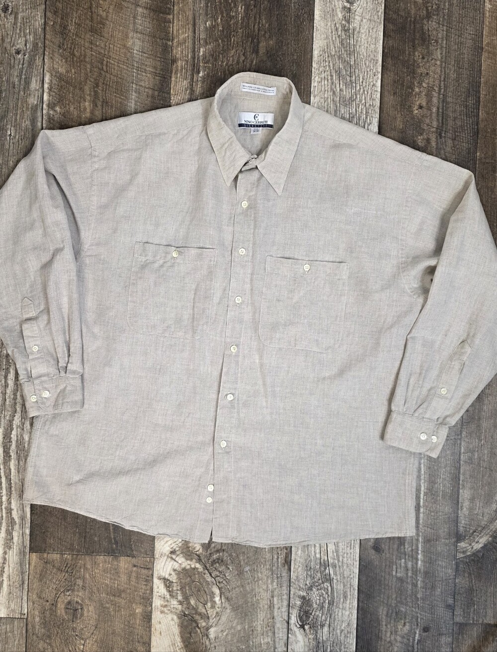 Nino Cerruti Mens Linen Cotton Shirt Neutral Minimalist Coastal 17 1/2 34-35